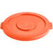 An orange plastic lid for a Lavex commercial trash can.