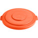 An orange plastic Lavex 55 gallon round lid with handles.