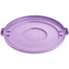 A Lavex purple plastic lid for a round commercial trash can with handles.