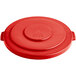 A red plastic lid for a Lavex 55 gallon commercial trash can.