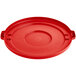 A red plastic lid for a Lavex 55 gallon commercial trash can.