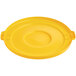 A yellow plastic lid for a Lavex 55 gallon round commercial trash can with a handle.