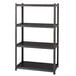 A gray metal shelving unit with four shelves.
