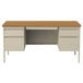 A Hirsh Industries double pedestal desk with drawers and a wooden top.