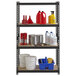A Hirsh Industries black metal boltless shelving unit with particleboard shelves holding various items.