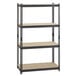 A black metal Hirsh boltless shelving unit with four particleboard shelves.