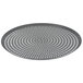 An American Metalcraft 21" Super Perforated Hard Coat Anodized Aluminum pizza pan with a black round metal surface and holes.