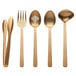 American Metalcraft 5-Piece Hammered Gold Vintage Serving Utensils set on a table with gold spoons and forks.