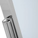 A close-up of a chrome Aarco double pedestal poster stand.