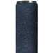 A blue cylinder with a black top with a roll of slate blue carpet inside.
