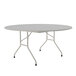 A round gray granite folding table with gray legs.