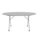 A Correll round white folding table with a gray frame.