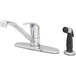 A T&S chrome single lever faucet with a 9" spout, 4' sidespray, and 10" deckplate.