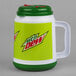 A green and white plastic Mountain Dew mug with a green lid.