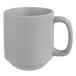 A grey mug with a handle.