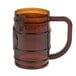 A translucent brown plastic barrel mug with a handle.