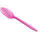 A pink plastic spoon on a white background.