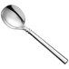 A silver Oneida stainless steel bouillon soup spoon with a long handle.