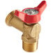 A brass faucet drain valve with red handles and knob.