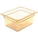 A Carlisle amber plastic food pan with a white lid on a counter.