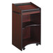 A mahogany Safco executive mobile lectern with a shelf on wheels.