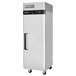 A stainless steel Turbo Air reach-in refrigerator with a black door handle on wheels.