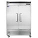 A silver Turbo Air reach-in refrigerator with two stainless steel doors.