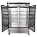 A silver Turbo Air reach-in refrigerator with two solid doors.