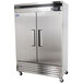 A silver Turbo Air reach-in refrigerator with two solid doors.