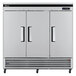 A large silver Turbo Air reach-in refrigerator with two doors.