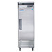 A large stainless steel Turbo Air reach-in refrigerator with a black handle.