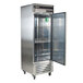 A large stainless steel reach-in refrigerator with a solid door.