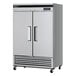 A silver stainless steel Turbo Air reach-in freezer with two solid doors.