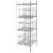 A chrome Regency wire shelf with can racks and posts.
