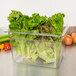 A clear plastic Cambro food pan with lettuce in it on a counter.