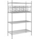 A Regency chrome wire shelving unit with can racks on it.