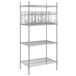 A Regency chrome wire shelving unit with three shelves and can racks.