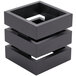 A black square crate riser with three compartments on a table.