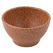 A brown speckled G.E.T. Enterprises Bugambilia Texas round bowl with a brown rim.