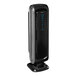 A black and silver Fellowes AeraMax 90 tower air purifier with blue buttons.