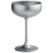A silver wine glass with a stem on a white background.