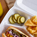 A Nathan's Famous hot dog with Kosher Dill Pickle chips in a styrofoam container.
