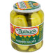 A close up of a jar of Nathan's Famous New York Kosher Pickle Halves with yellow liquid inside.