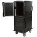 A black Cambro Ultra Camcart for food pans with a door open.