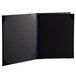 A black rectangular menu cover with album style corners with a blue border.