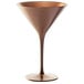 A Stolzle copper martini glass with a brown metal rim and stem.