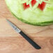 A watermelon with a carved design next to a Mercer Culinary Japanese style carving knife.