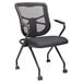 An Alera Elusion Series black mesh office chair with black fabric seat and casters.