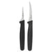 Two sharp knives with black handles, part of a Mercer Culinary Thai Fruit Carving Set.