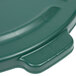 A green Rubbermaid lid for a 44 gallon trash can with a handle.